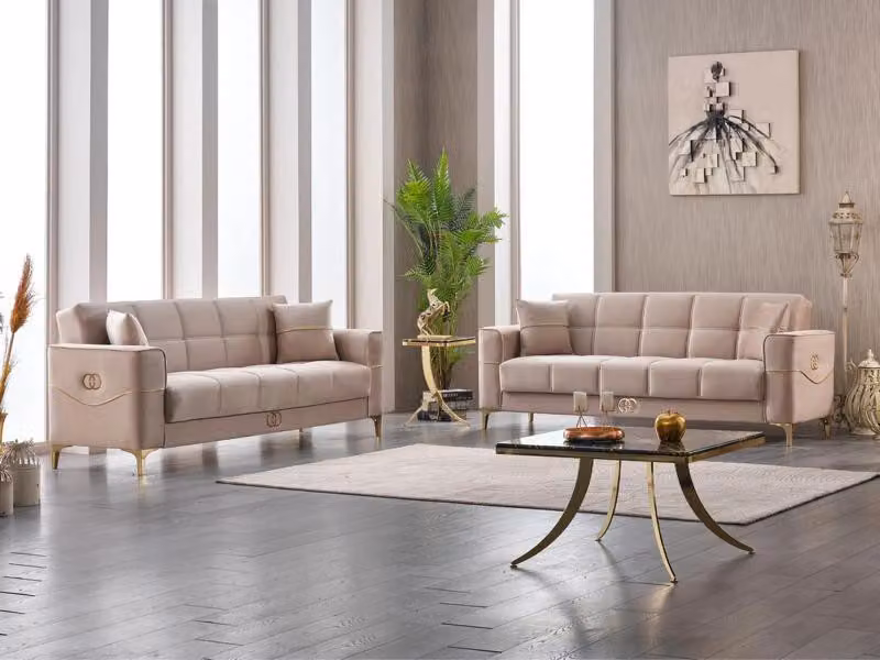 Gruppe Dreisitzer Couch Polstersofa Stoffsofa 3 Sitzer Sofa Beige 2tlg