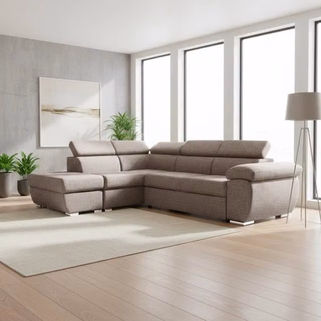 Divano Letto Angolare Tezeta con Penisola Sinistra e Pouf Contenitore, Rivestimento in Tessuto, Colore Grigio Beige, L/P/H: 264 x 160 x 91 cm – 1