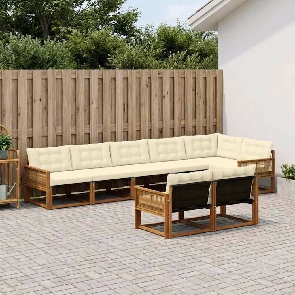 Set di divani da esterno vidaXL a forma di L composto da 8 pezzi in legno di acacia e tessuto textilene, colori beige, bianco e marrone