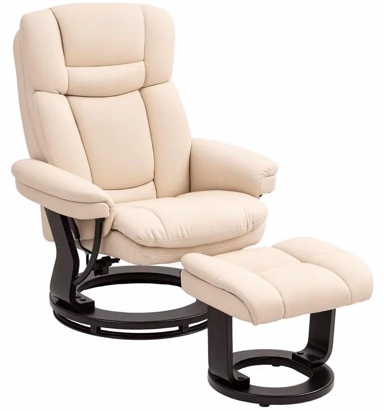 HOMCOM Poltrona relax con poggiapiedi, poltrona girevole da TV con funzione reclinabile, color crema