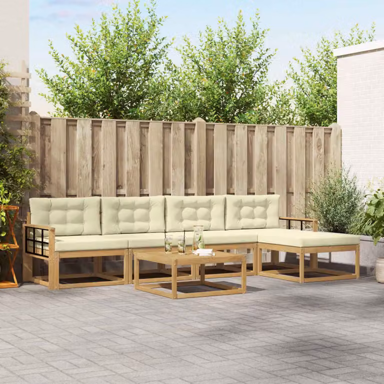 vidaXL Set di divani da esterno a L composto da 6 pezzi in legno di acacia con colori bianco, beige e marrone e cuscini inclusi