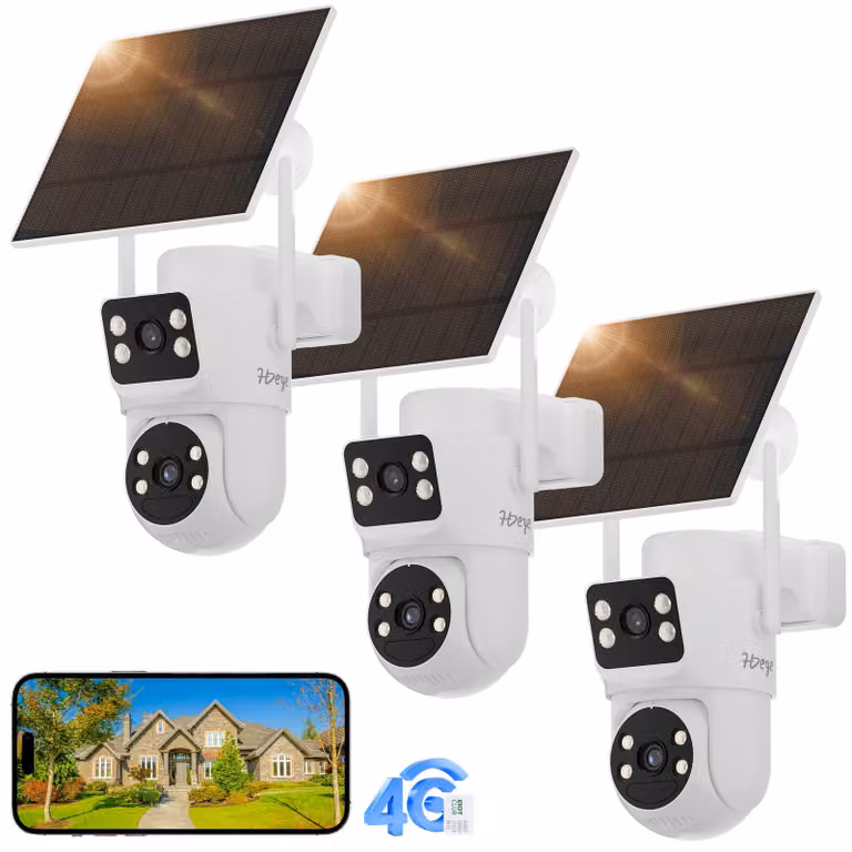Telecamera di sicurezza solare 3x4G con batteria da 3 mesi e rilevamento PIR – Doppio obiettivo, visione notturna 2K, controllo remoto tramite app per la sorveglianza esterna