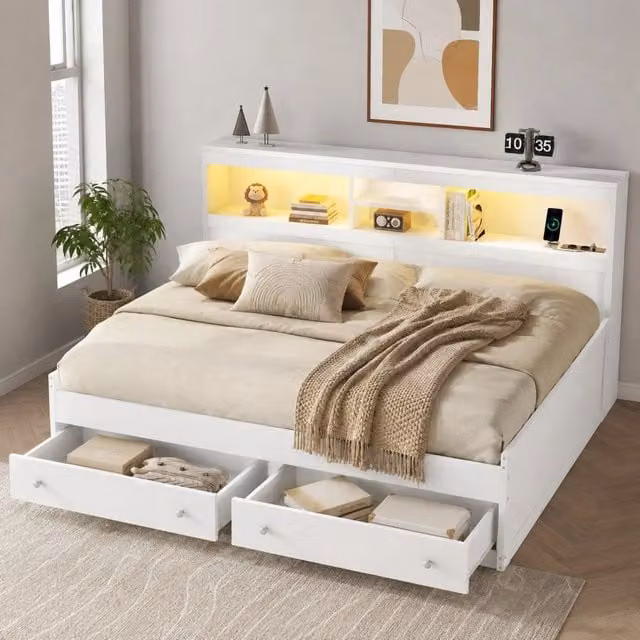 Letto da giorno ULEVR 90x200 cm con 2 cassetti, LED multicolore e 2 porte USB, bianco
