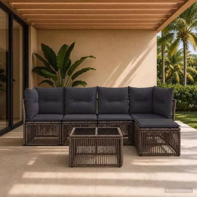 Set Divano da Giardino a L con Tavolino e Pouf vidaXL, 6 Pezzi, Grigio