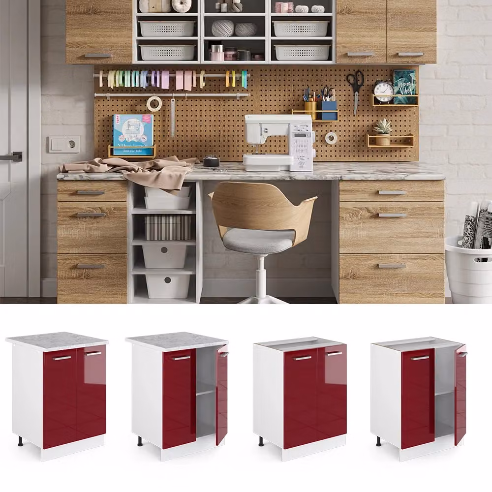 Base universale R-Line Vicco bordeaux lucido con ante e piano di lavoro L/P/H: 60 x 60 x 81,6 cm – 2