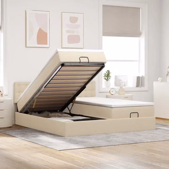 Letto con contenitore a sollevamento vidaXL in tessuto beige e bianco L: 200 cm, P: 200 cm, H: 280 cm