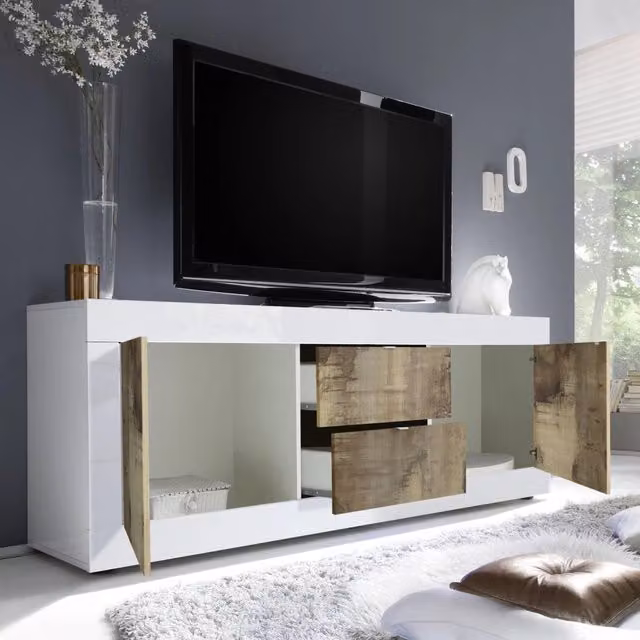 Sinello, Mobile Porta tv un Ripiano, 210x43x65h cm Bianco Lucido