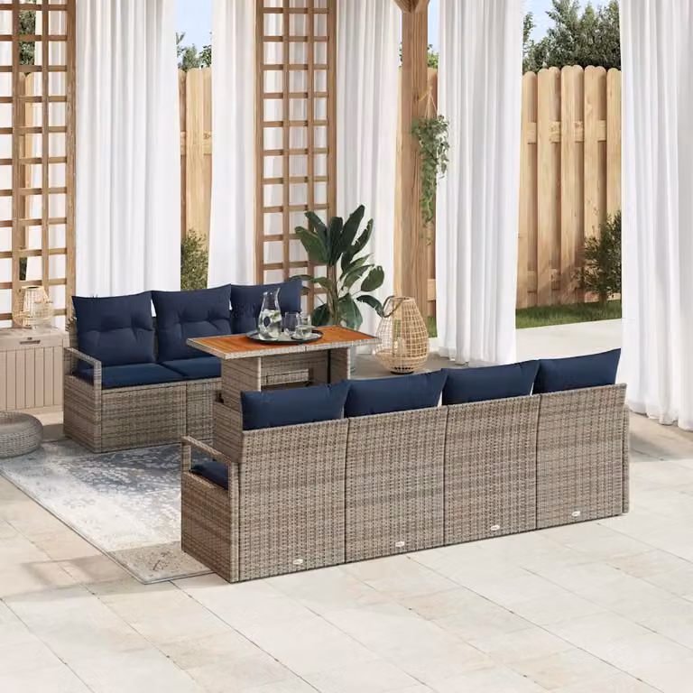 Set Divano da Giardino vidaXL 8 Pezzi a Forma di U con Tavolino, Grigio e Blu