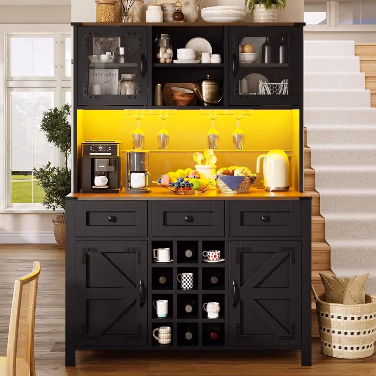 Armadio alto da cucina con illuminazione a LED, prese USB, prese di corrente e scaffale per bottiglie, dimensioni 120x40x170 cm, colore nero