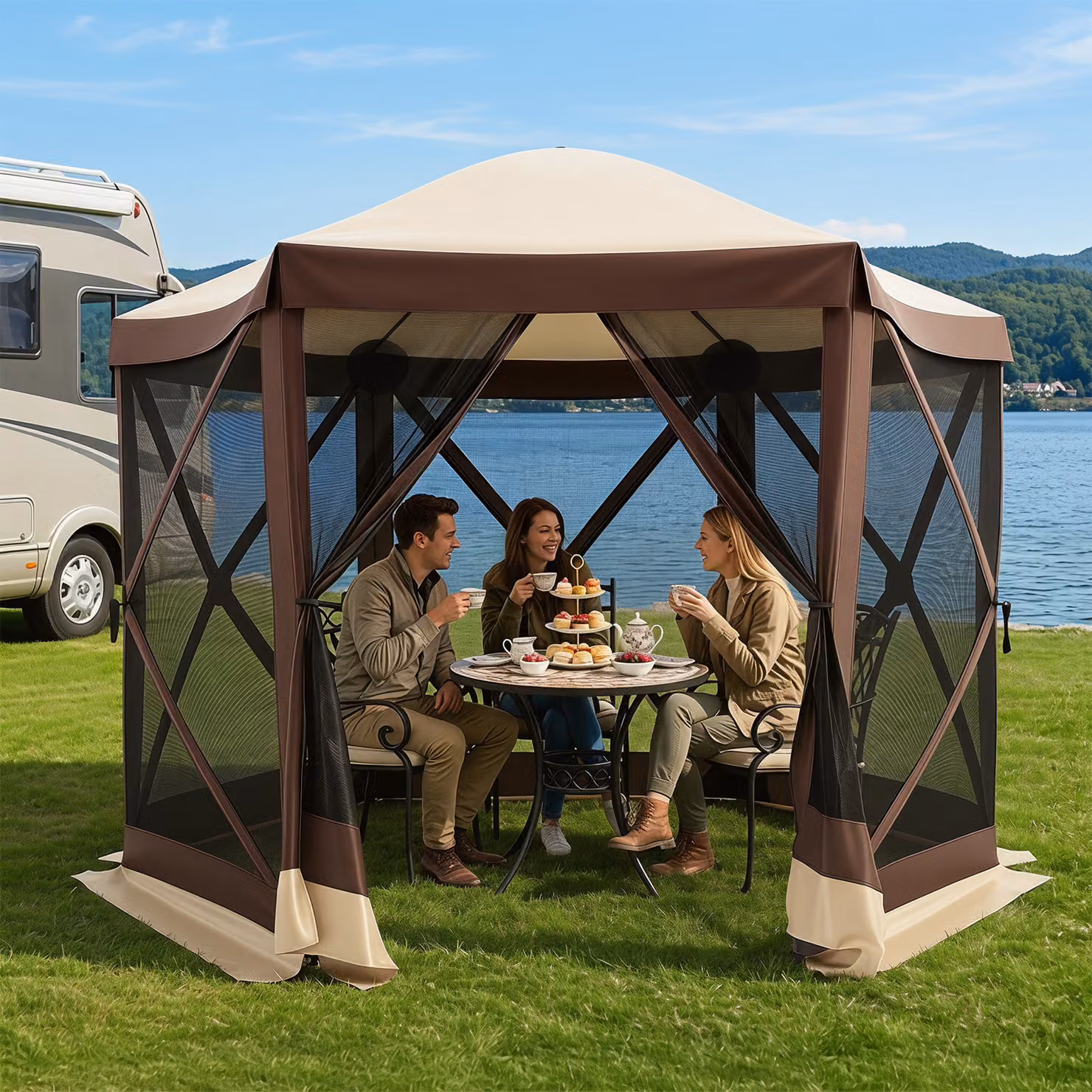 Gazebo da giardino pieghevole Costway marrone con telaio in fibra di vetro e pareti in rete