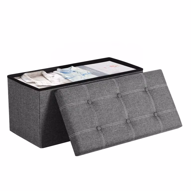 Pouf Contenitore Pieghevole con Rivestimento in Simil Lino, Grigio Verdastro