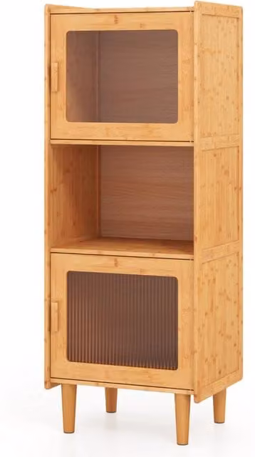 Mobile credenza buffet Design Mania in bambù naturale con 3 cubi, scomparto aperto e 2 ante in acrilico, ideale per cucina o soggiorno, colore marrone – 1
