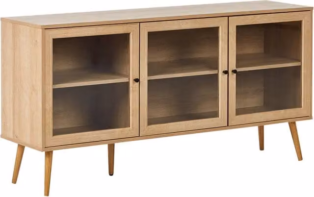 Credenza a 3 ante in truciolato marrone chiaro, gambe in legno di pino 2 ripiani con vetro frontale Stile minimalista