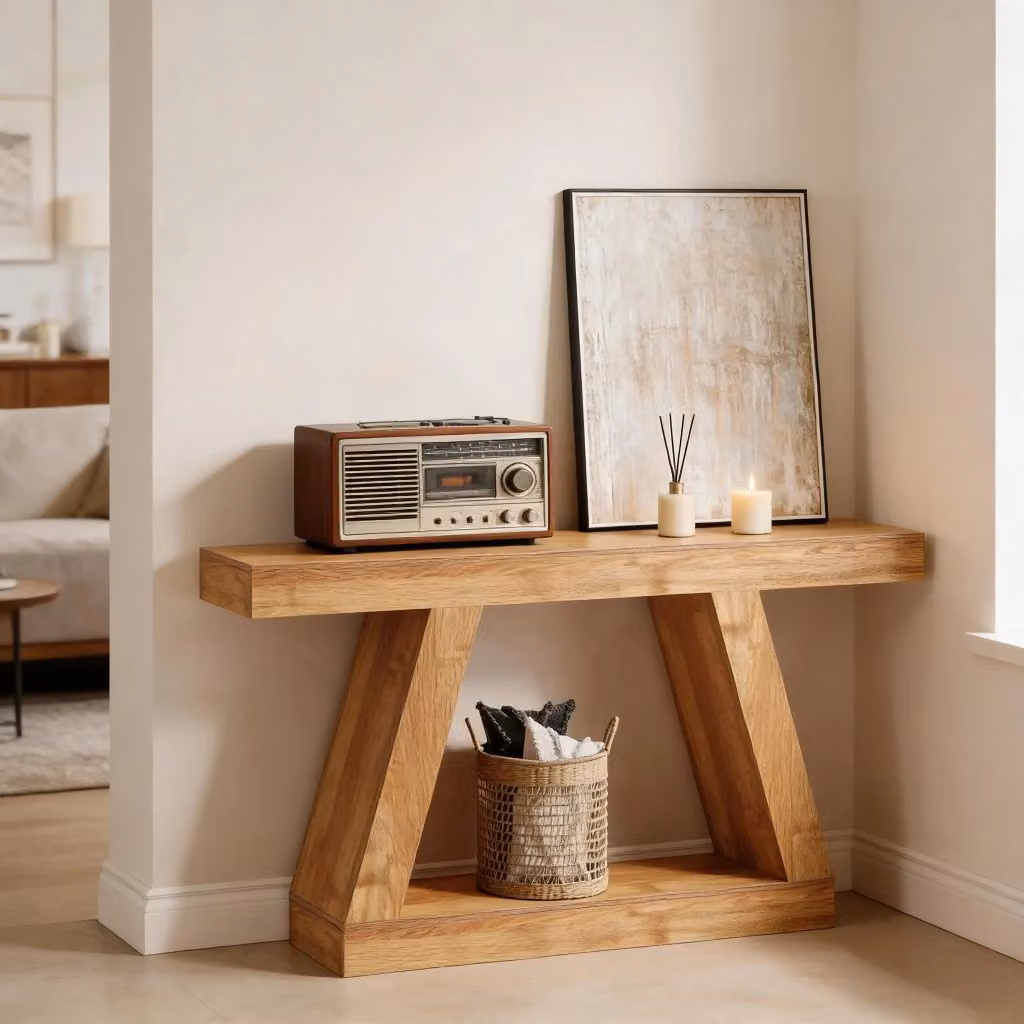 Consolle Mivray in MDF naturale stile rustico marrone con spazio contenitore per ingresso e soggiorno – 2