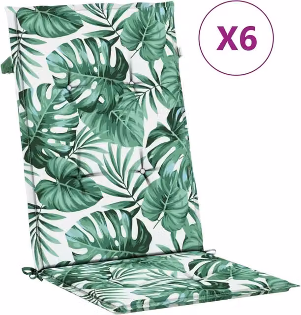 Set di 6 cuscini per sedia con schienale alto DESIGN IN, motivo foglie verde, in tessuto impermeabile e resistente ai raggi UV, con antiscivolo e imbottitura in schiuma