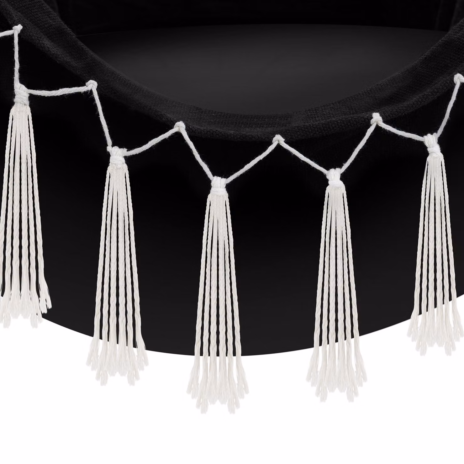 Poltrona sospesa Malika Tectake in stile boho con struttura in legno di betulla e metallo, colore nero, con supporto a terra e funzione girevole – 1