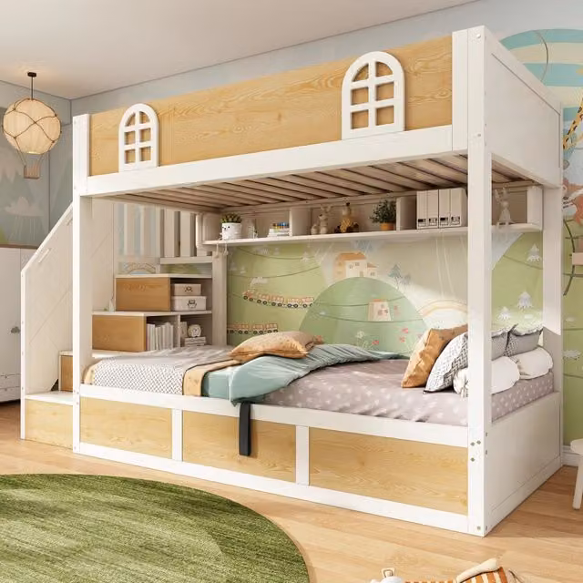 Desviae Letto a castello bambino 90 × 200 cm 2 posti con scala, vani portaoggetti, senza materasso, legno, bianco
