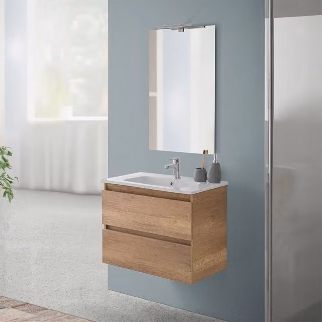 Mobile bagno sospeso Nadia in rovere naturale con lavabo e cassetti soft close L: 70 cm