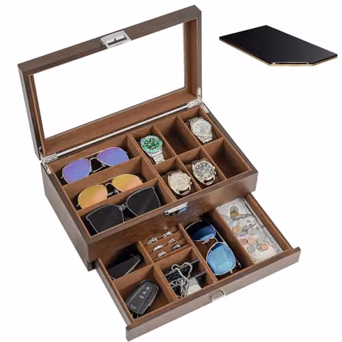 ProCase Portagioie Uomo di Lusso a 2 Livelli, Porta Orologi Uomo a 6 Posti in Legno, Custodia Orologio con Coperchio in Vetro, Scatola per Gioielli Orologio Occhiali da Sole -Espresso