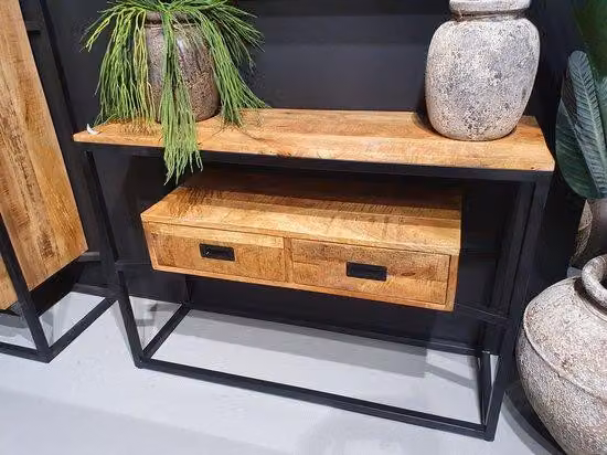 Tavolino con 2 scomparti, dimensioni 110x35x77 cm, in mogano e metallo
