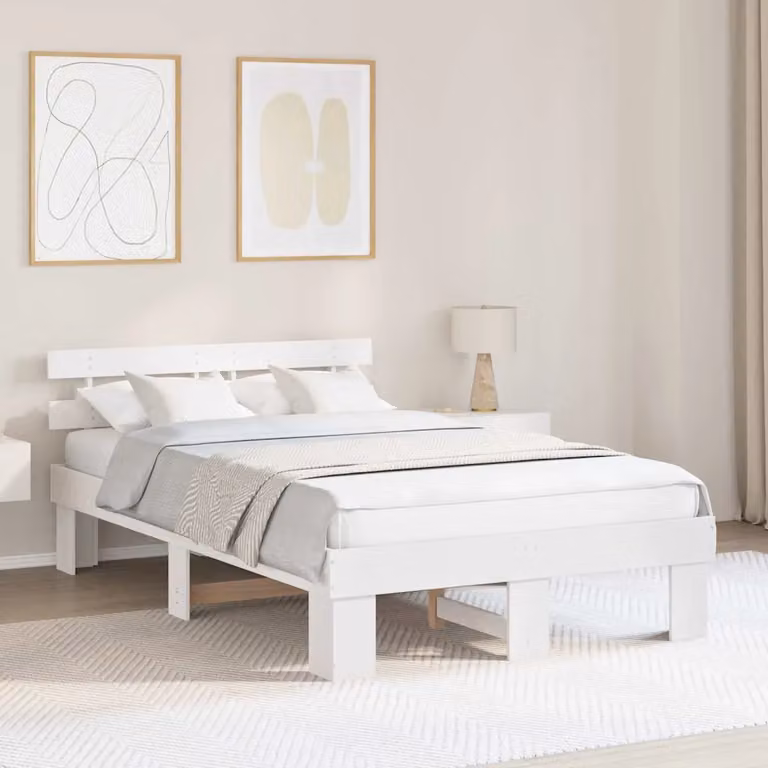 Struttura del letto moderna vidaXL in pino massello laccato bianco, L/P/H: 190 x 140 x 73 cm