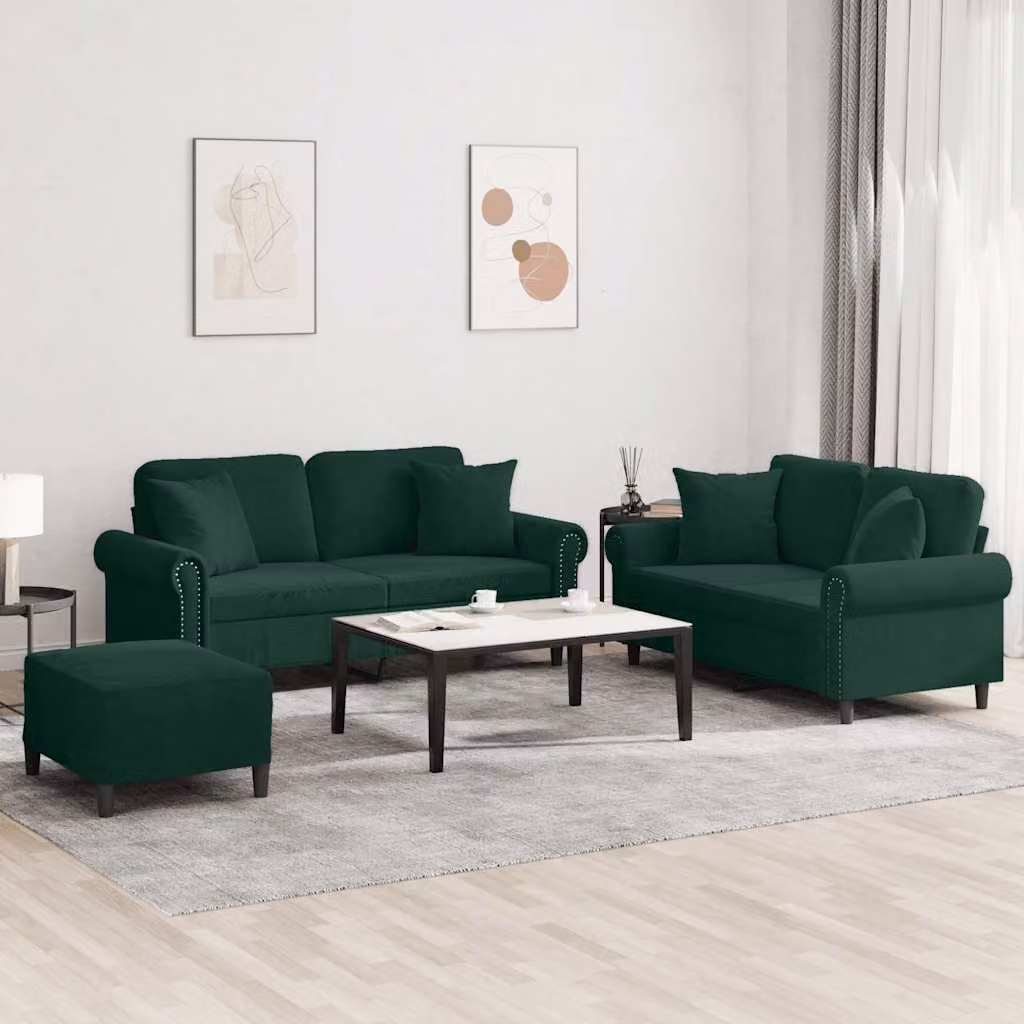 vidaXL Set di Divani 3 Pezzi in Velluto Verde con Cuscini e Struttura in Metallo e MDF per Soggiorno – 1