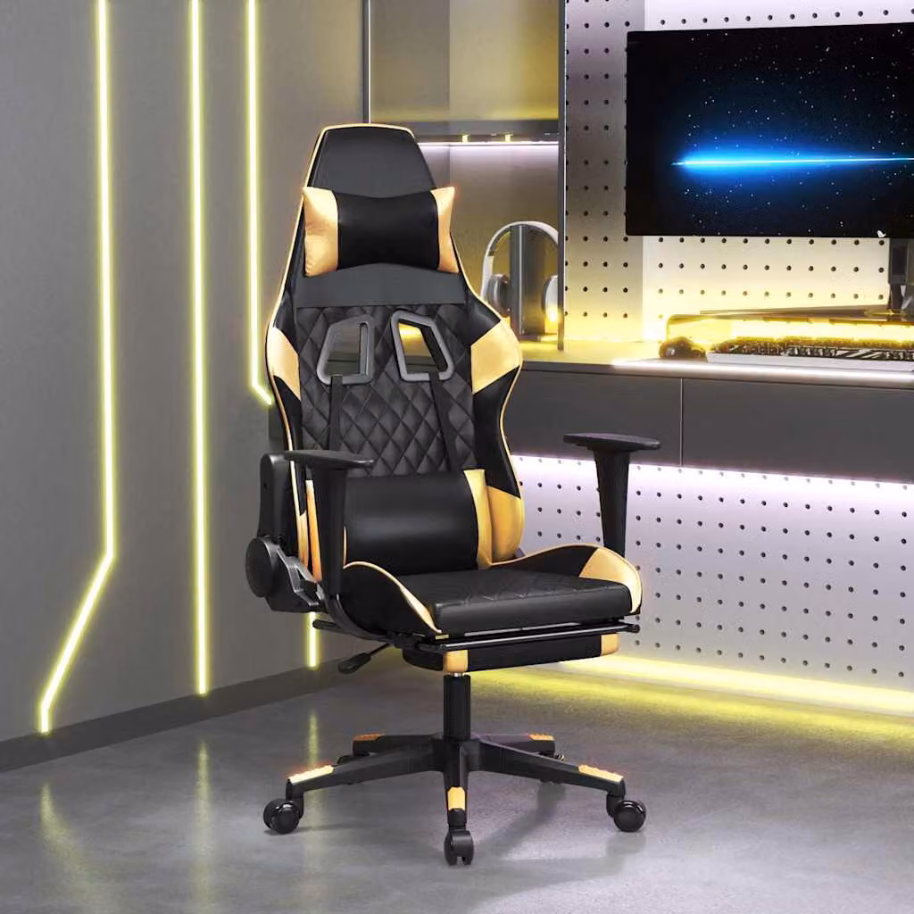 Sedia da Gaming vidaXL con Poggiapiedi, Rivestimento in Similpelle, Nero e Oro
