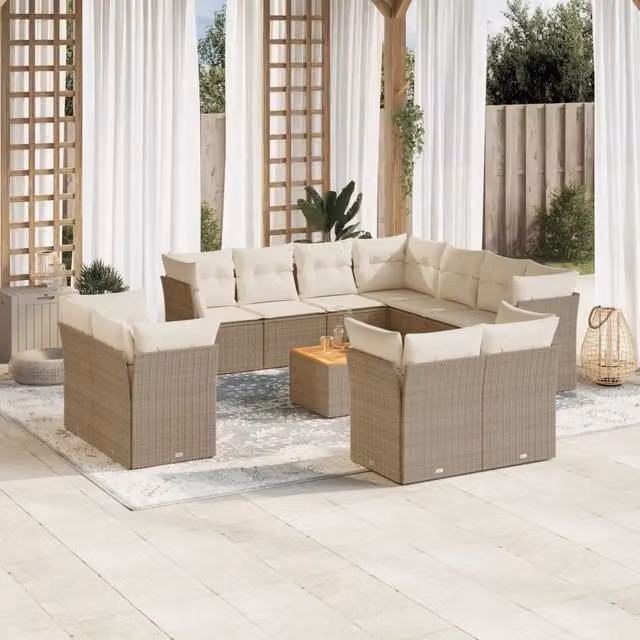 Set di divani da giardino vidaXL in polyrattan con cuscini beige e tavolino da esterno a forma di U