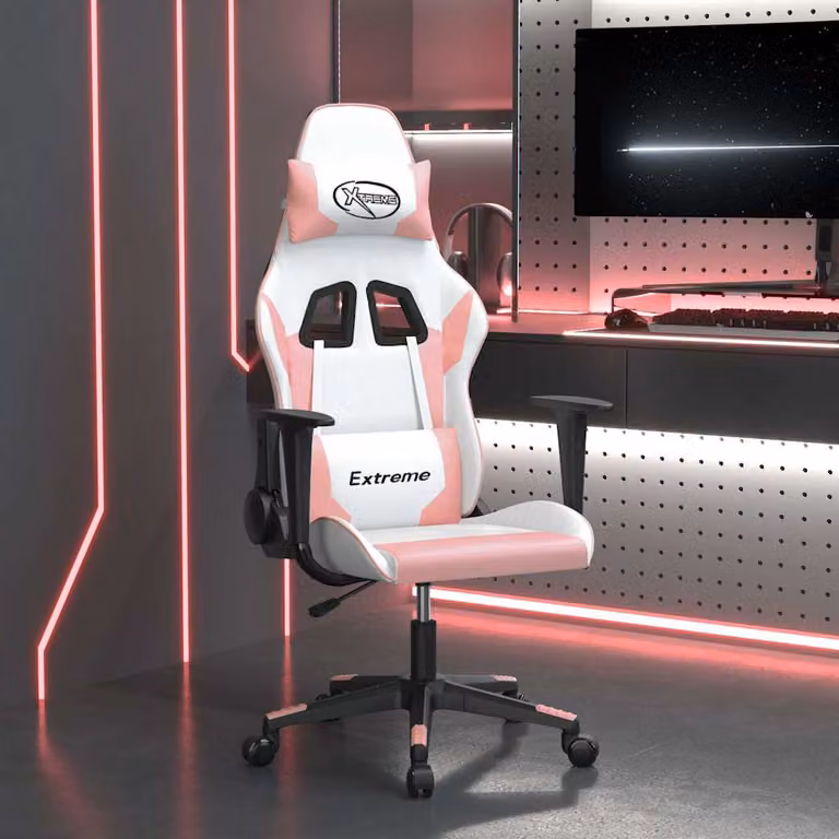 Sedia da Gaming vidaXL con Massaggio, Bianco e Rosa in Similpelle, Regolabile e Ruotabile 360°
