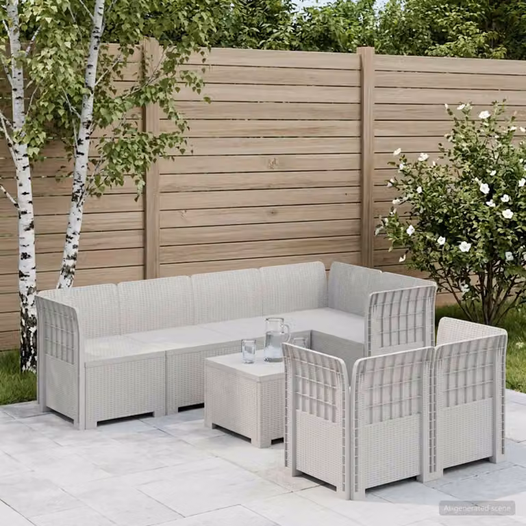 Divano da giardino a L con 7 posti vidaXL bianco con cuscini in tessuto e decorativi