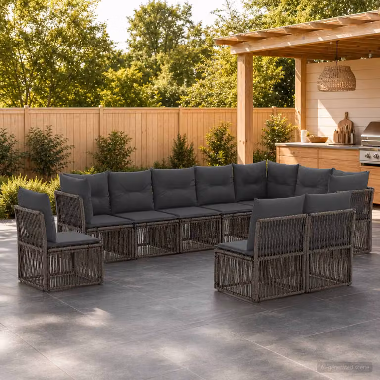 Set Divano da Giardino vidaXL 10 Pezzi a Forma di U in Polyrattan Grigio con Cuscini Imbottiti e Rivestimenti Rimovibili