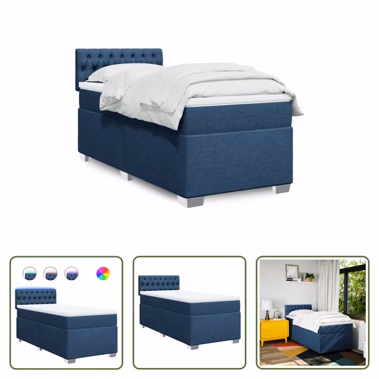 The Living Store Letto a molle con materasso blu 100x200 cm in tessuto