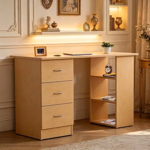 Scrivania dritta MIVRAY con 3 cassetti e 3 ripiani reversibili in MDF effetto legno beige L: 120 cm, P: 49 cm, H: 72 cm