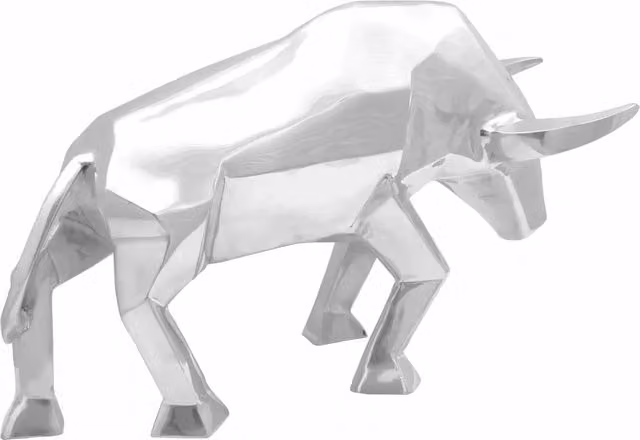 Scultura di toro moderna in alluminio argento DESIGN IN L 74 x P 23 x H 30 cm