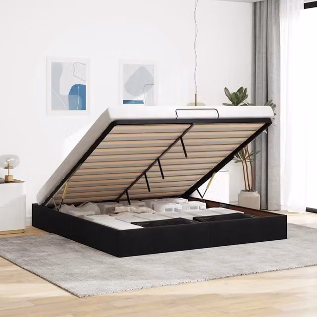 Struttura Letto Pouf senza Materasso-Giroletto con contenitore Nero 180x200 cm in Velluto