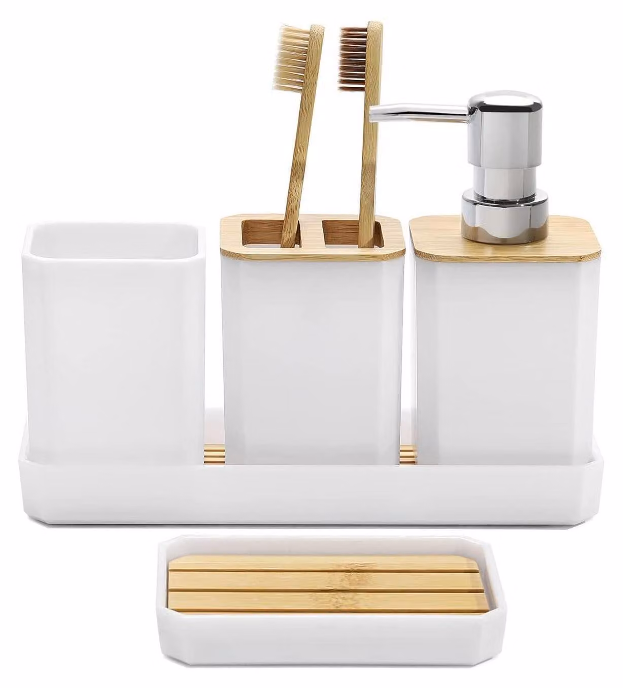 Set di accessori per il bagno, 5 pezzi, bianco, bambù e plastica (PS): dispenser per sapone, porta spazzolini, bicchiere per il dentifricio, saponiera, vassoio per il tavolo da trucco