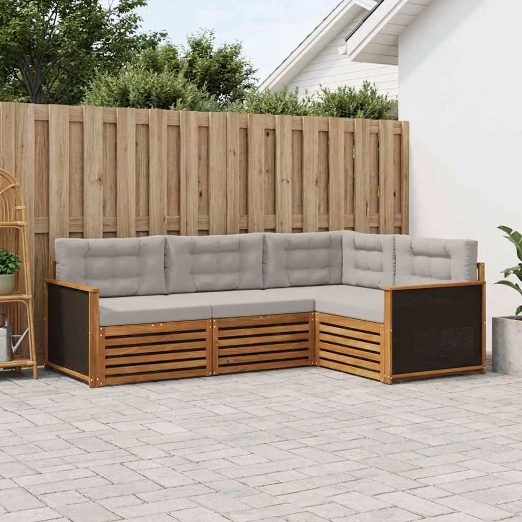 Set di divani da esterno vidaXL a forma di L in legno di acacia con cuscini, beige e grigio