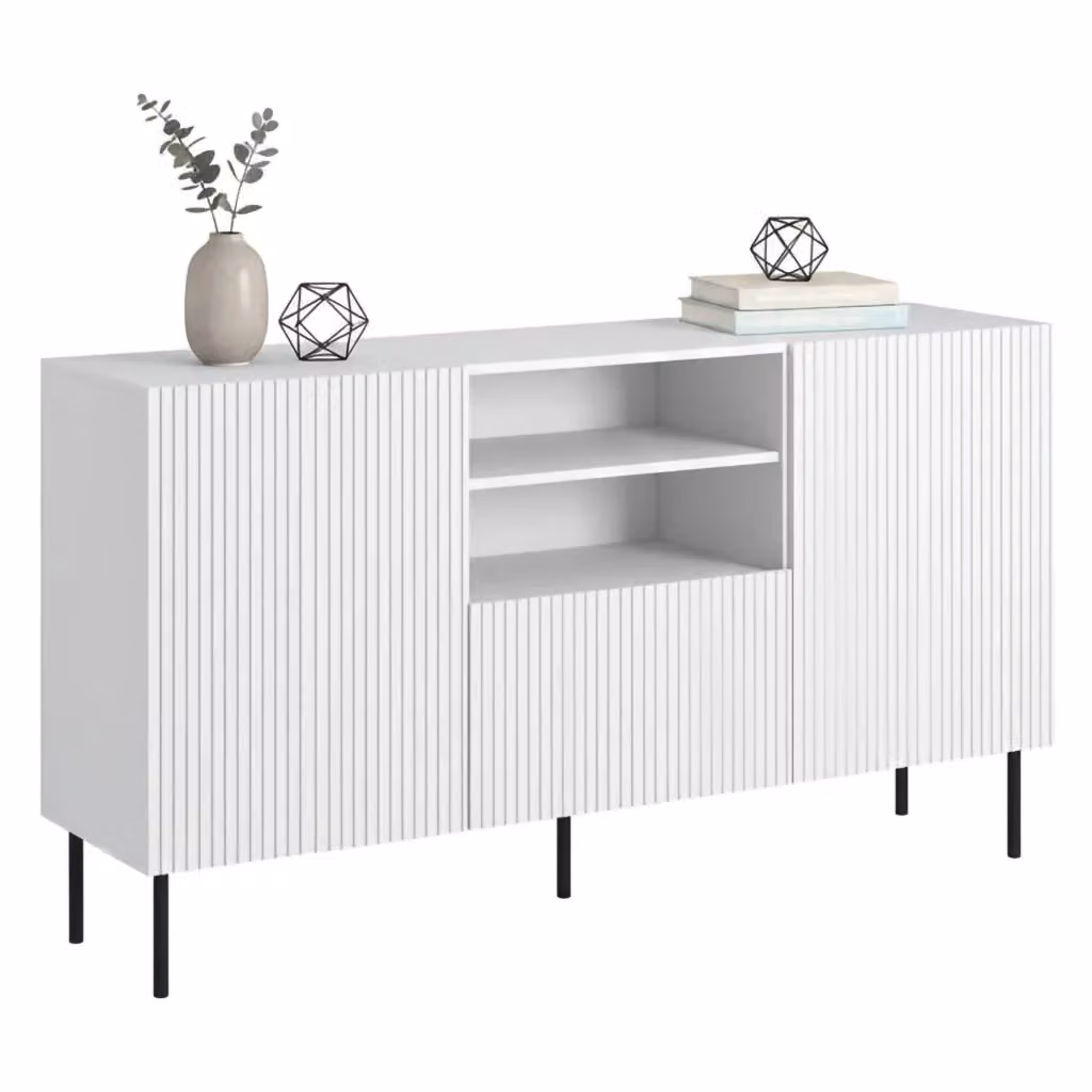 Madia da salotto Malo DMORA con effetto cannettato, due ante battenti, un cassetto e due vani aperti, Bianco, L: 150 cm, P: 42 cm, H: 82 cm – 2