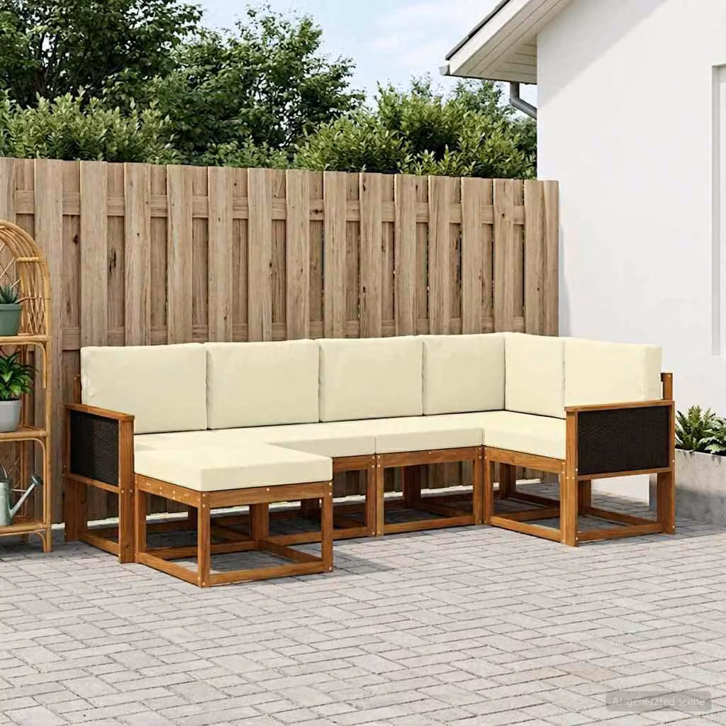 vidaXL Set di divani da esterno a L in legno di acacia con cuscini, 6 pezzi, Beige, Bianco e Marrone
