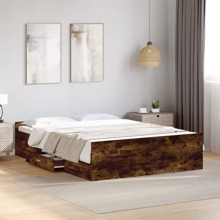 vidaXL Giroletto con Cassetti in Legno Multistrato Rovere Fumo, L/P/H: 140 x 190 x 40 cm