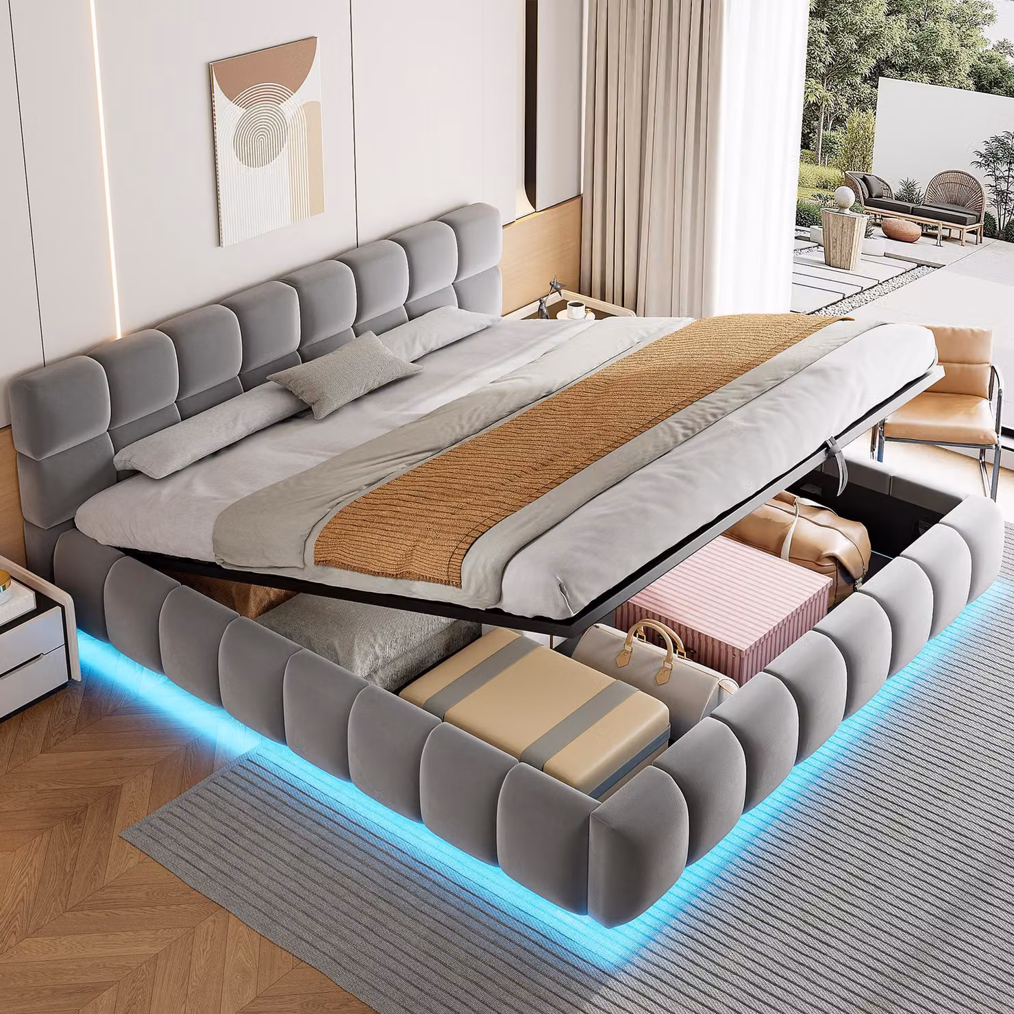 Letto imbottito 180 x 200 cm con spazio contenitore a sollevamento idraulico, striscia LED, testiera imbottita, 26 listelli, rivestito in velluto, colore grigio