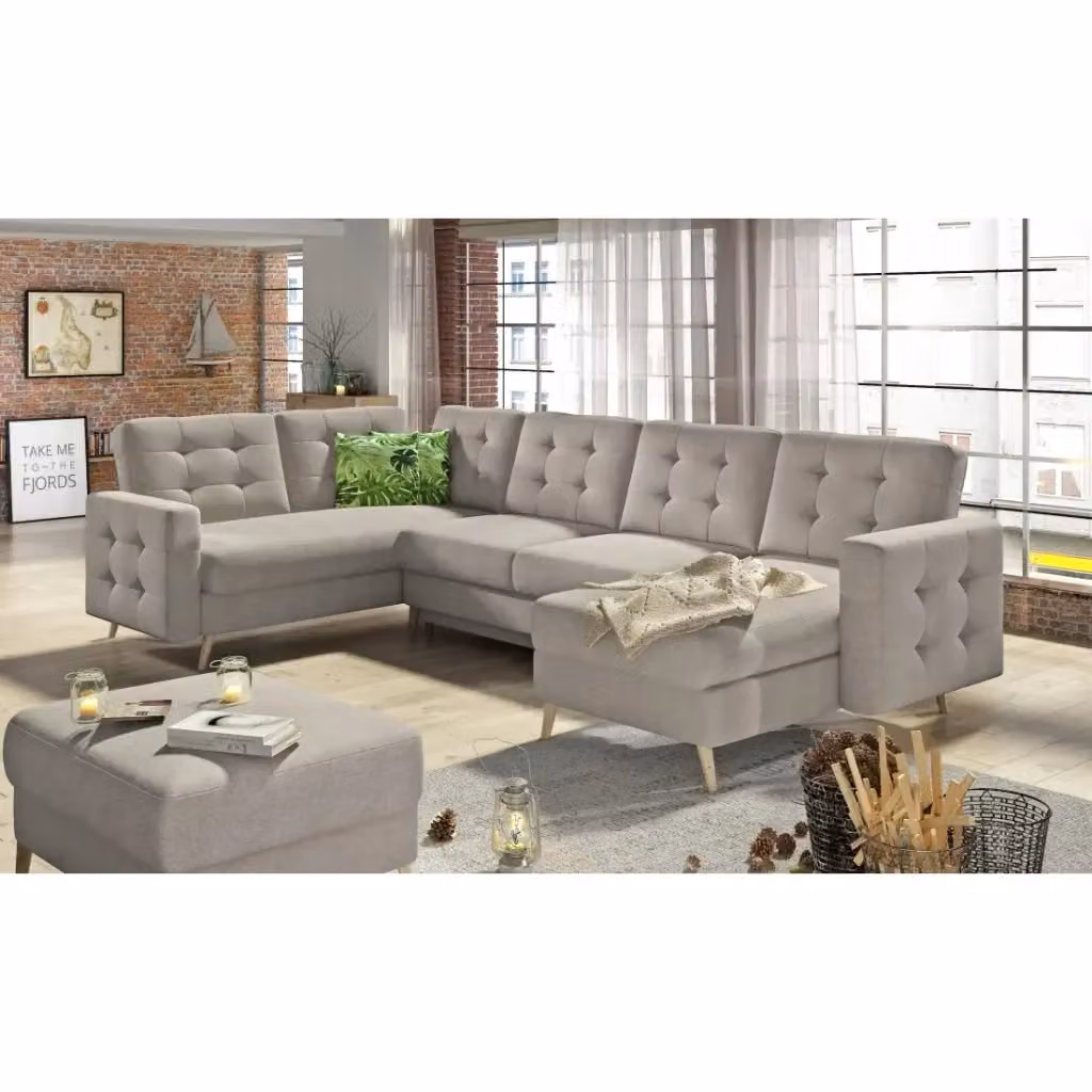 Divano ad angolo panoramico convertibile HASGARD MEUBLORAMA colore sabbia con contenitore e funzione letto, L: 326 cm – 2