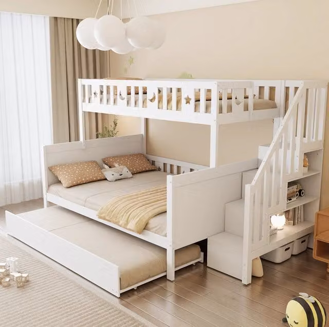 Letto a castello per bambini con letto estraibile e scala contenitore; 90x200/140x200 cm; bianco