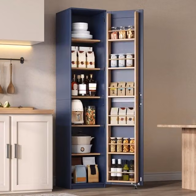Mobile alto portaoggetti moderno in MDF blu con ante a battente e ripiani interni, L/P/H: 40 x 40 x 183 cm