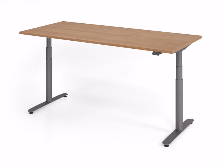 Scrivania Rauno per sedersi/alzarsi | noce | struttura grigia | LxP 180x80cm | altezza 63-127cm | regolabile elettricamente in altezza | struttura con gambe a T | forma rettangolare