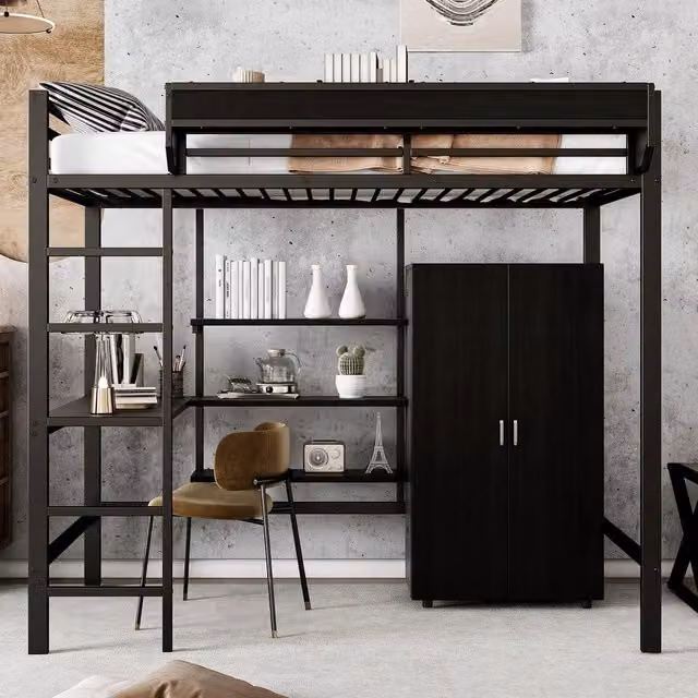 Letto a Castello con Scrivania e Armadio ¨C MINIMAL ¨C Metallo e Truciolato, Nero, 90x200