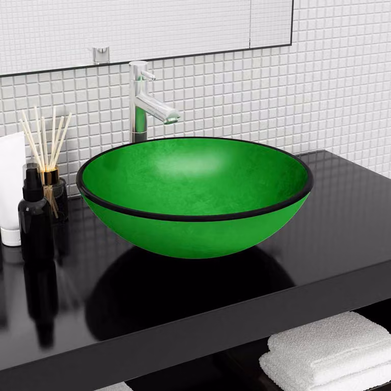 Lavandino da appoggio rotondo in vetro temperato verde vidaXL L: 42 cm, P: 42 cm, H: 14 cm