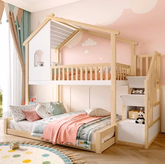 Letto a castello ULEVR 90x200 e 140x200 cm con scala contenitore, barriera di sicurezza e struttura a casetta