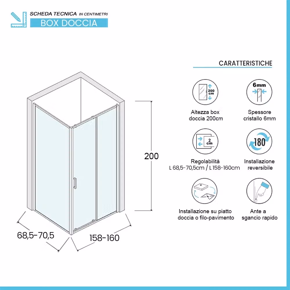 Box doccia angolare INBAGNO con porta scorrevole in vetro trasparente, L: 160 cm, P: 70 cm, H: 200 cm – 2
