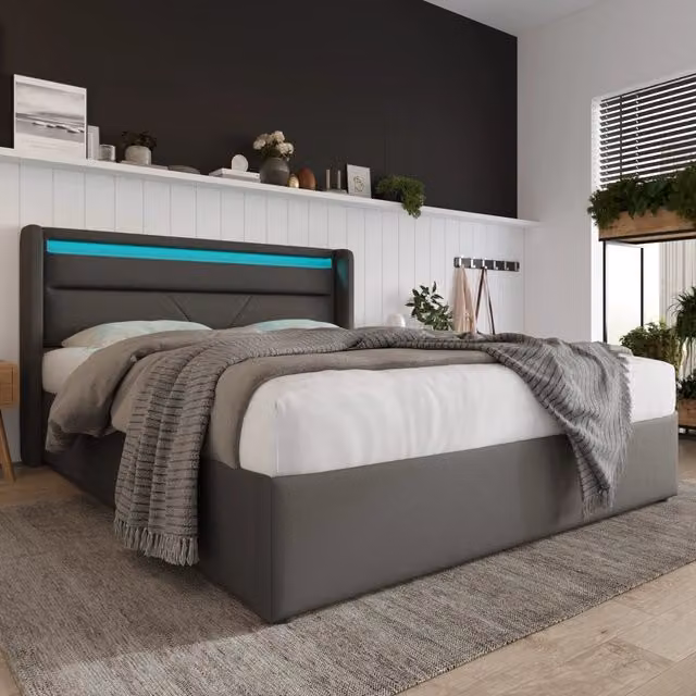 Letto imbottito 160x200 cm con contenitore e LED in PU grigio